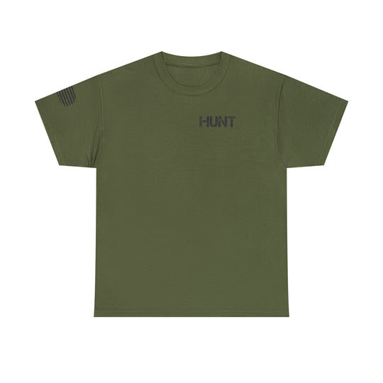 American Hunter Tee: A premium fitted men’s short sleeve t-shirt in green with black text. Comfy, light, and roomy, ideal for workouts or daily wear. Made of 100% combed, ring-spun cotton.
