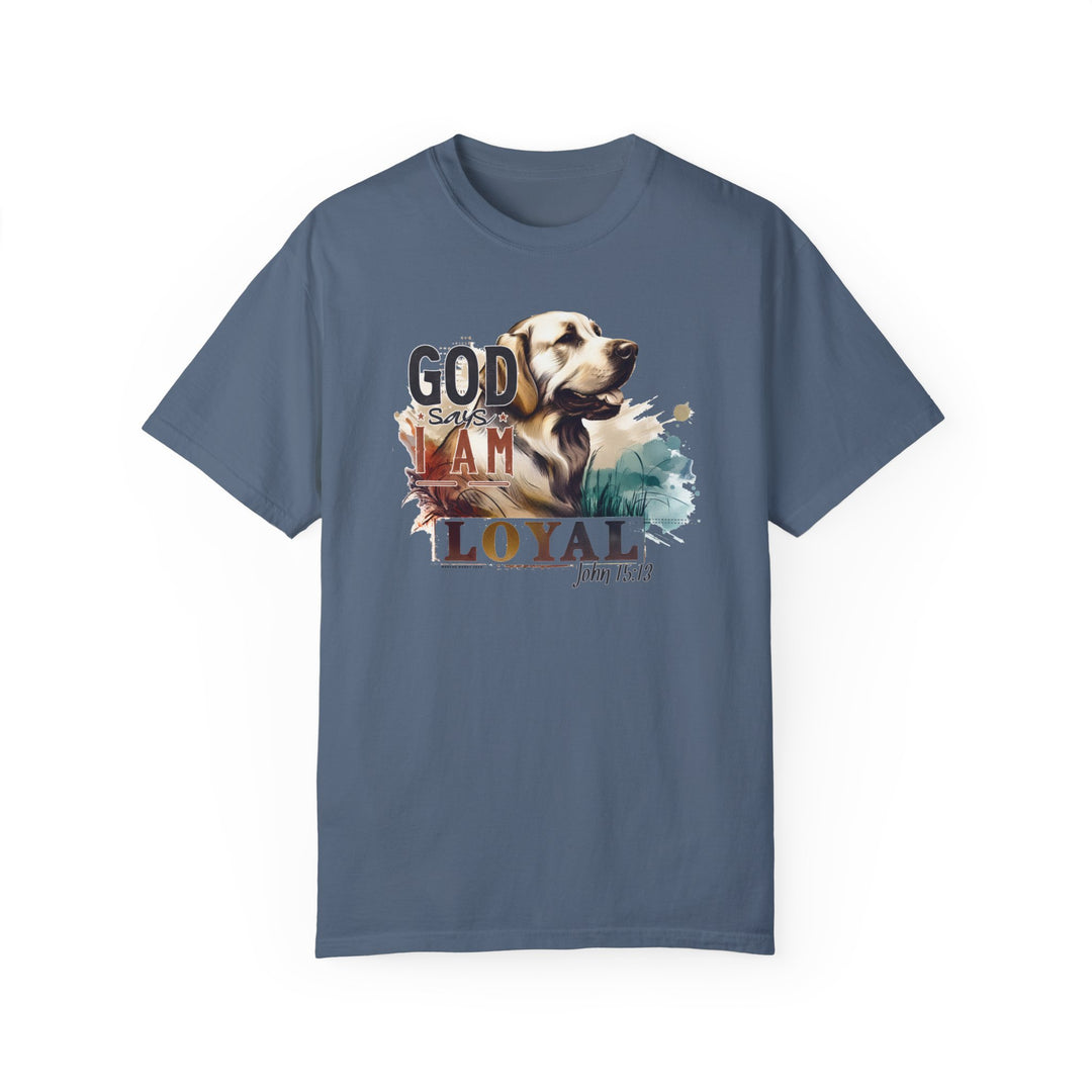 Blue t-shirt featuring a loyal dog graphic, made of 100% ring-spun cotton for ultimate comfort. Relaxed fit with double-needle stitching for durability. From 'Worlds Worst Tees'. Sizes: S-3XL.