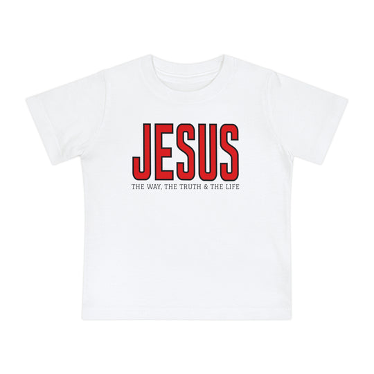 Jesus, the Way, the Truth, the Life Baby Tee featuring bold red JESUS and black text on a soft, shrink-resistant, white cotton t-shirt for infants.