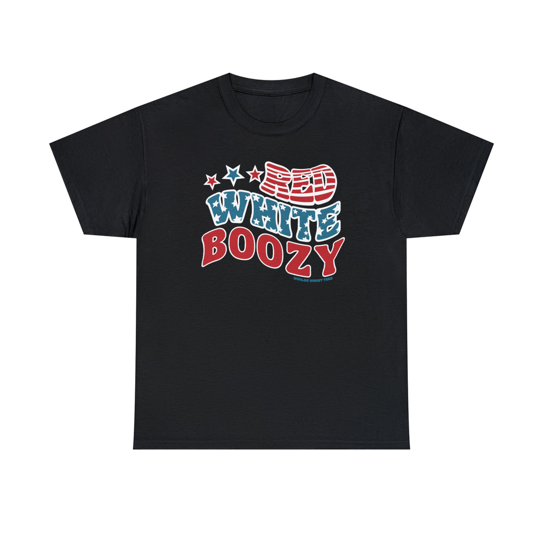 Black unisex heavy cotton tee with red, white, and blue text. No side seams for comfort, durable taped shoulders, and ribbed knit collar. Classic fit, 100% cotton, medium weight fabric. From Worlds Worst Tees.
