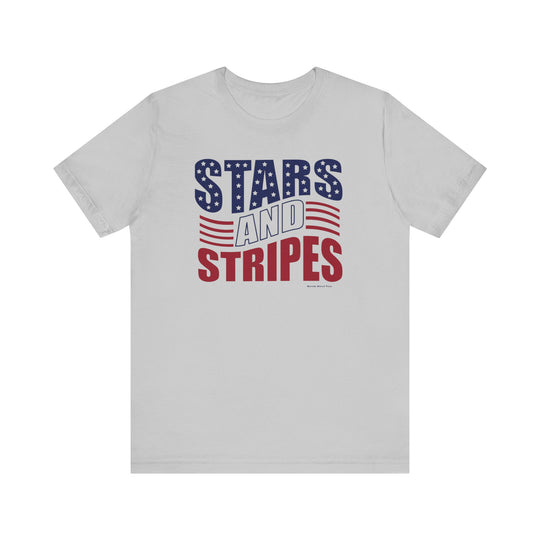 A unisex jersey tee featuring a white shirt with red and blue text, embodying the Stars and Stripes Tee. Made of 100% cotton, with ribbed knit collars and taping on shoulders for lasting fit.