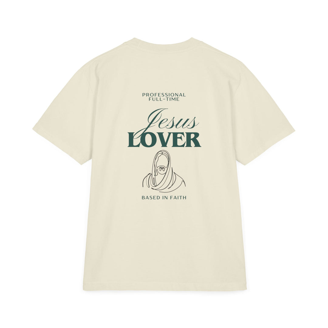Unisex Jesus Lover Tee with drop-shoulder design, vintage-washed look, and relaxed fit, showcasing a streetwear aesthetic with ribbed collar and reinforced stitching.