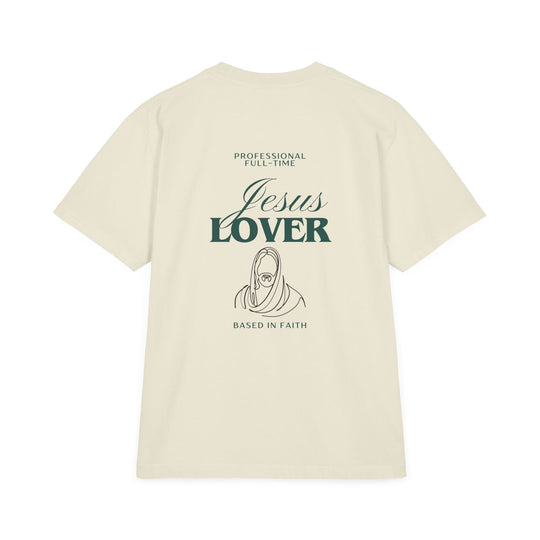 Unisex Jesus Lover Tee with drop-shoulder design, vintage-washed look, and relaxed fit, showcasing a streetwear aesthetic with ribbed collar and reinforced stitching.