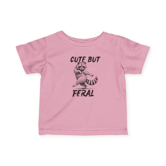 Cute but Feral Baby Tee: Light-pink children's T-shirt with a raccoon sketch and CUTE BUT FERAL text, designed for comfort and durability with ribbed knitting.