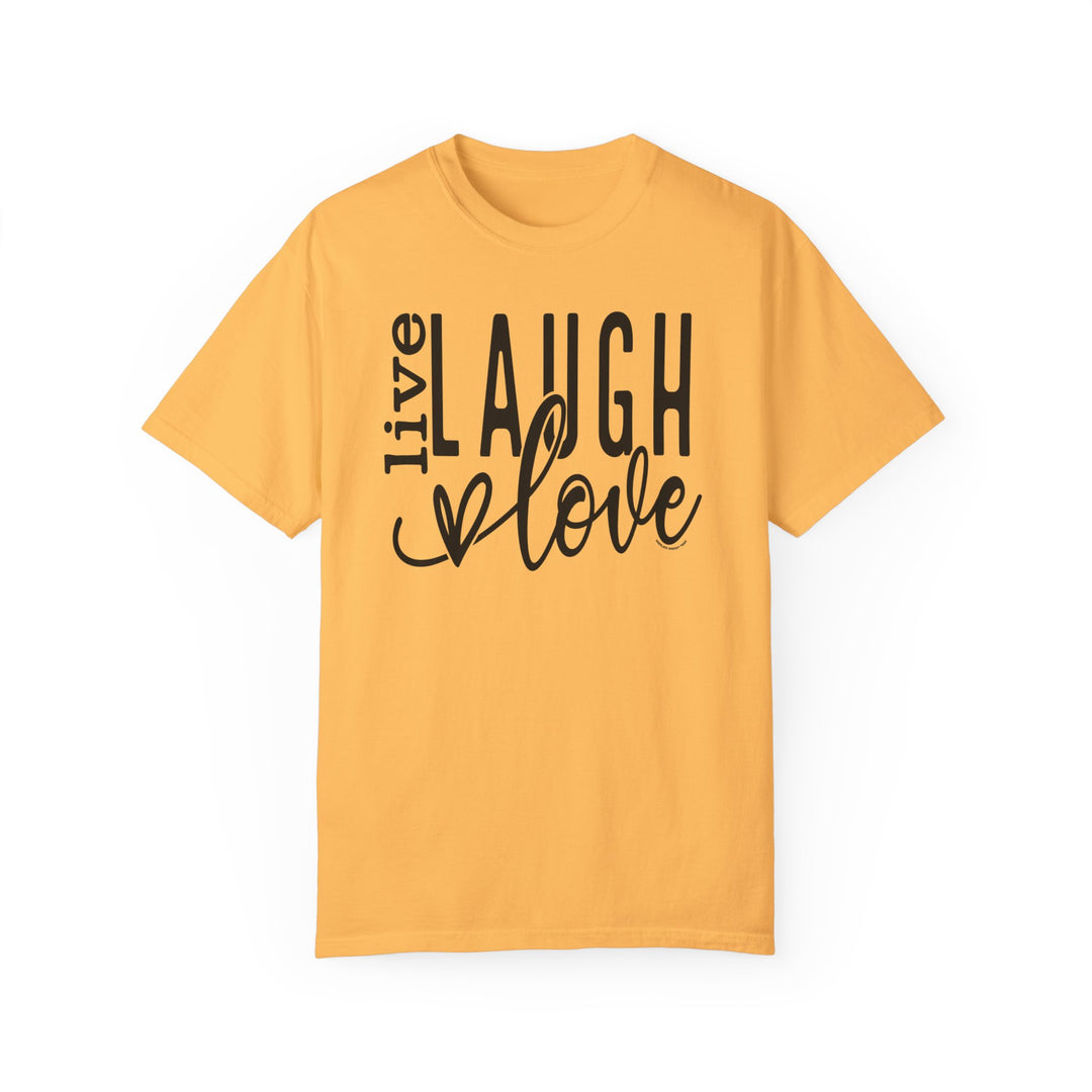 A relaxed-fit Live Laugh Love Tee, crafted from 100% ring-spun cotton. Garment-dyed for extra coziness, featuring double-needle stitching for durability and a seamless design for a tubular shape.