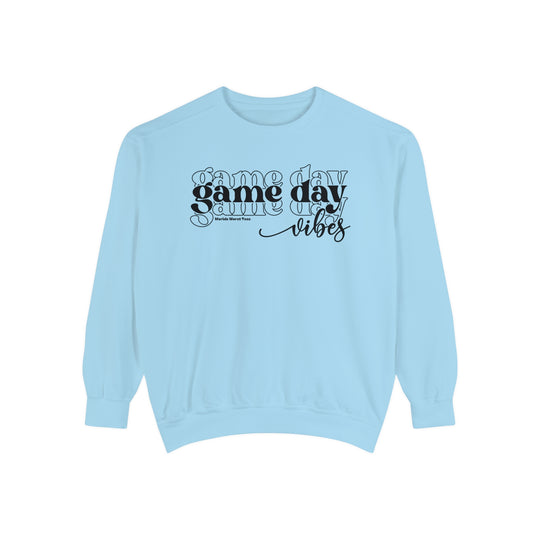 Unisex Game Day Vibes Crew sweatshirt in blue with black text. Made of 80% ring-spun cotton and 20% polyester, featuring a relaxed fit and rolled-forward shoulder. From Worlds Worst Tees.