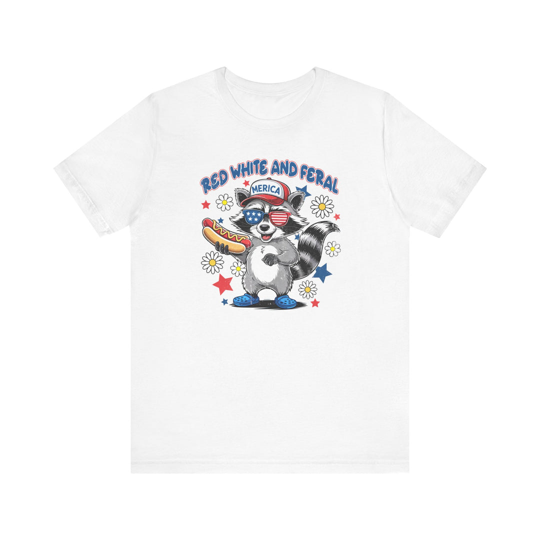 Red White and Feral 4th Tee showcasing a classic unisex fit with ribbed knit collars, ideal for casual wear, made from soft, breathable cotton.