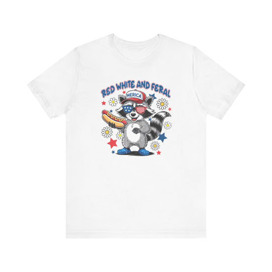 Red White and Feral 4th Tee showcasing a classic unisex fit with ribbed knit collars, ideal for casual wear, made from soft, breathable cotton.