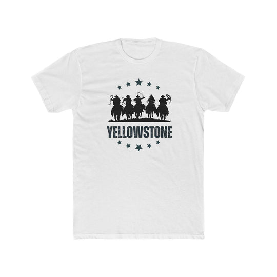 Yellowstone Tee: A white t-shirt featuring black text, crafted from premium combed cotton for a comfortable fit. Ribbed knit collar and side seams for durability and structure. Ideal for workouts and daily wear.