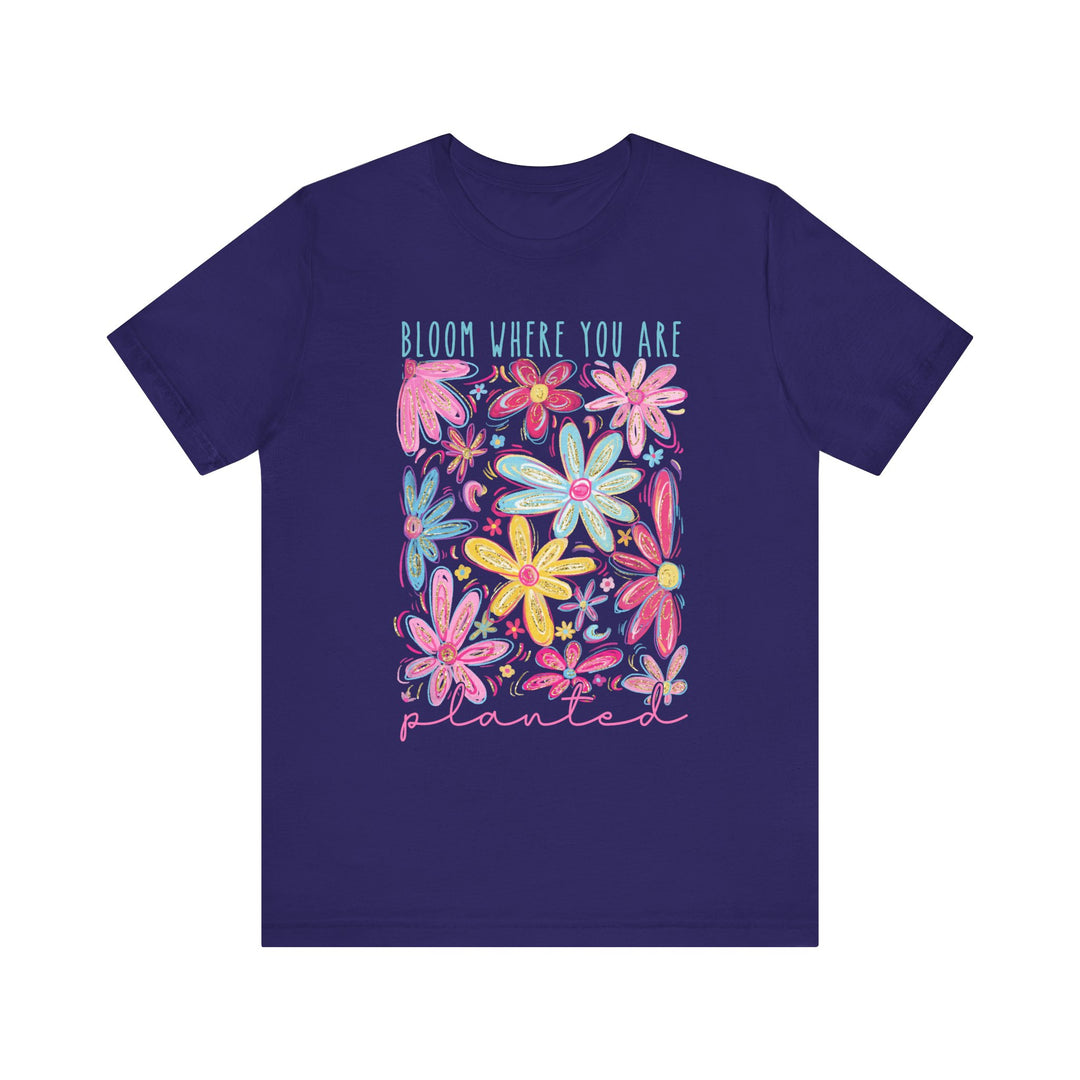 Unisex jersey short sleeve tee with Bloom Where You Are Planted design, featuring soft cotton, ribbed knit collars, and tapered shoulders for a comfortable fit.