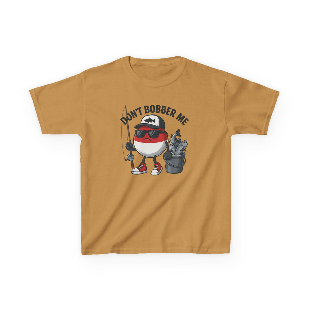 Kids' Don't Bobber Me T-shirt featuring a cartoon bobber character with fishing gear. Made from durable, soft 100% cotton, perfect for everyday wear.