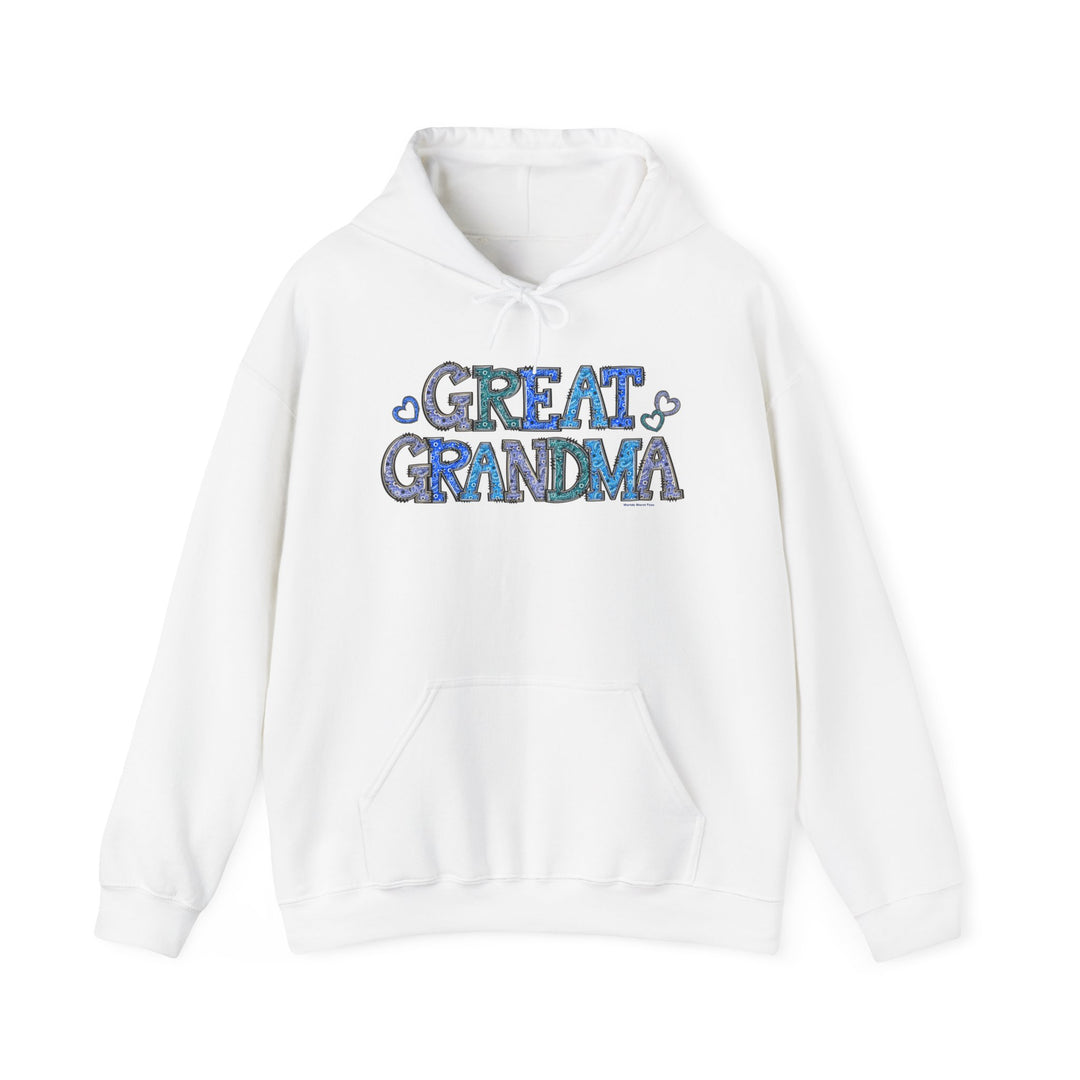 Great Grandma Hoodie: A white sweatshirt with blue text, featuring a classic fit and a kangaroo pocket for practicality. Made of 50% cotton and 50% polyester for warmth and comfort.