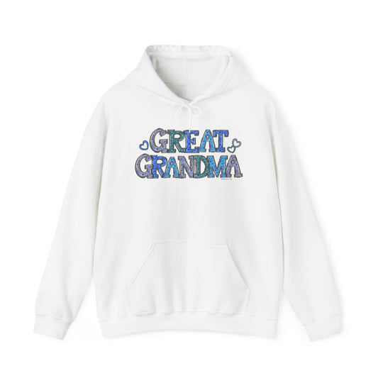 Great Grandma Hoodie: A white sweatshirt with blue text, featuring a classic fit and a kangaroo pocket for practicality. Made of 50% cotton and 50% polyester for warmth and comfort.