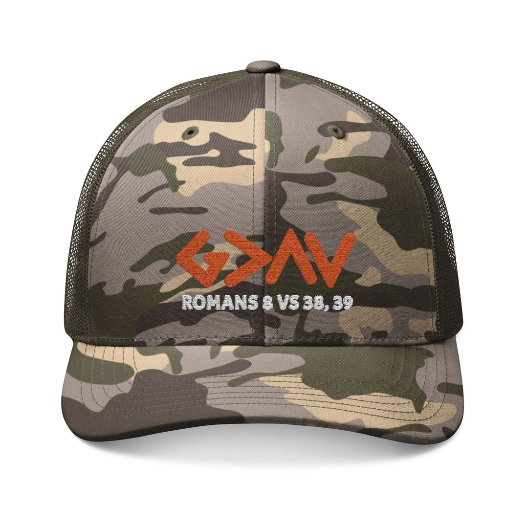 God is Greater Camouflage Trucker Hat with embroidered design, featuring a camo print, cotton front, polyester mesh back, and adjustable snap closure for comfortable fit.