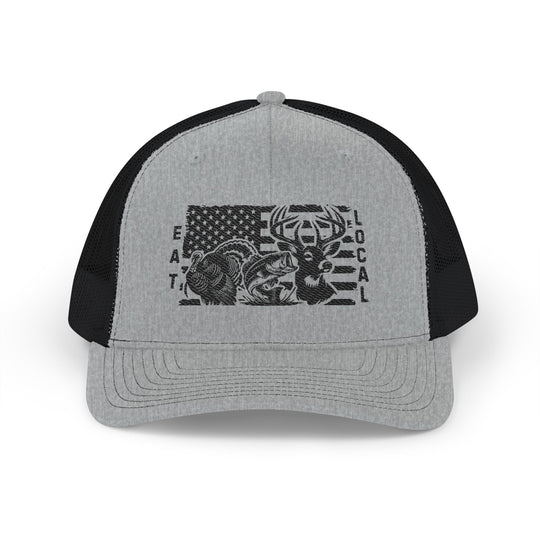 Eat Local Snapback Trucker Cap features a two-tone design with a stylized American flag, wildlife silhouettes, and text, offering durability with breathable mesh and adjustable fit.