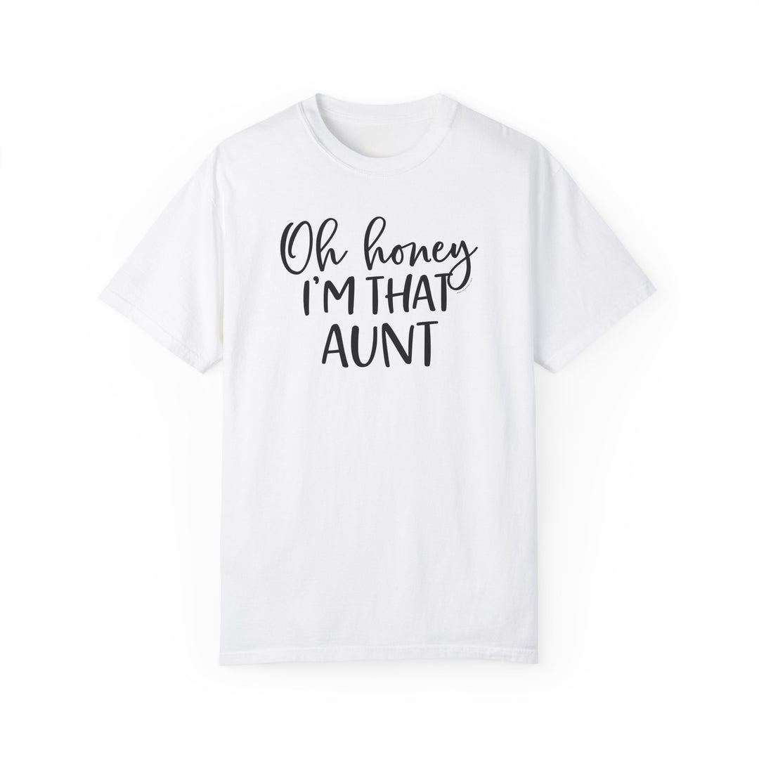 Aunt-themed white tee with black text, made of 100% ring-spun cotton. Garment-dyed for coziness, featuring a relaxed fit, double-needle stitching, and seamless design for durability and comfort.