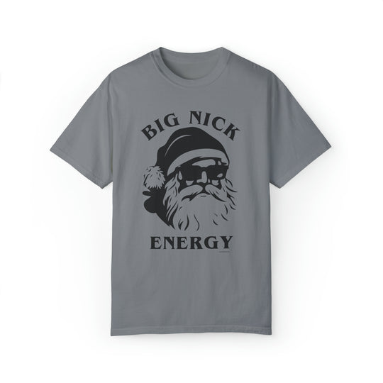 Unisex Big Nick Energy Tee, grey shirt with Santa Claus face graphic. Luxurious 80% ring-spun cotton, 20% polyester fabric. Relaxed fit, rolled-forward shoulder, back neck patch. Sizes S-4XL.