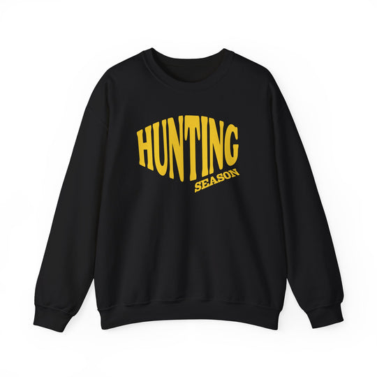 Black crewneck sweatshirt featuring bold yellow HUNTING SEASON graphic, combining comfort and style with durable stitching and a classic fit.