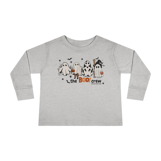 A grey toddler long sleeve tee featuring cartoon ghosts and bats, designed for the youngest with 100% combed ringspun cotton for durability and comfort. From Worlds Worst Tees.