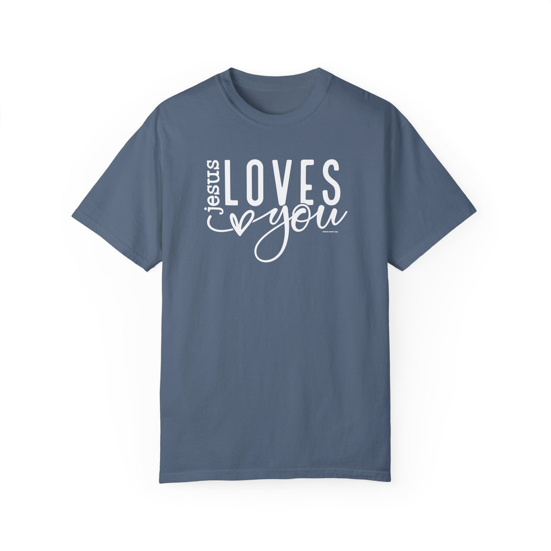 A relaxed fit Jesus Loves You Tee, crafted from 100% ring-spun cotton. Garment-dyed for extra coziness, featuring double-needle stitching for durability and a seamless design. Ideal for daily wear.