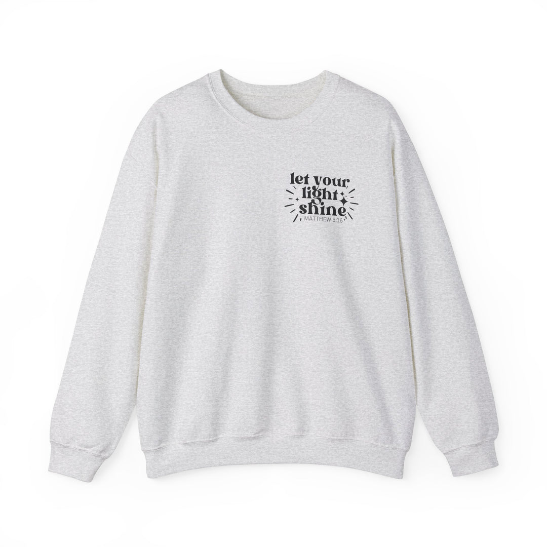 A unisex heavy blend crewneck sweatshirt featuring the Let Your Light Shine Crew design. Comfortable, ribbed knit collar, no itchy side seams. Polyester and cotton blend for fresh designs. Medium-heavy fabric, loose fit, true to size.