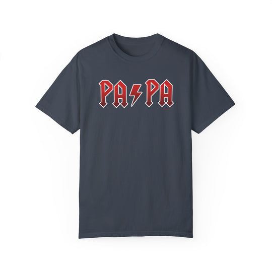Alt text: Pa/Pa Tee: Grey t-shirt with red logo, relaxed fit, 100% ring-spun cotton, medium weight, durable double-needle stitching, tubular shape for Worlds Worst Tees.