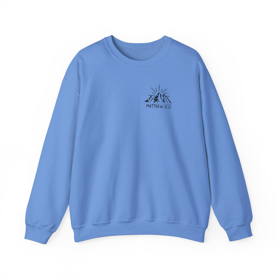 Unisex Faith Can Move Mountains Crew sweatshirt, a blend of polyester and cotton, featuring a logo of a mountain with sun rays. Ribbed knit collar, no itchy side seams, and double-needle stitching for durability.
