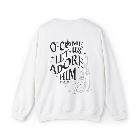 Unisex heavy blend crewneck sweatshirt featuring O come let us adore him Crew design. Ribbed knit collar, no itchy side seams, 50% cotton, 50% polyester, loose fit. Sewn-in label. Sizes S-5XL.