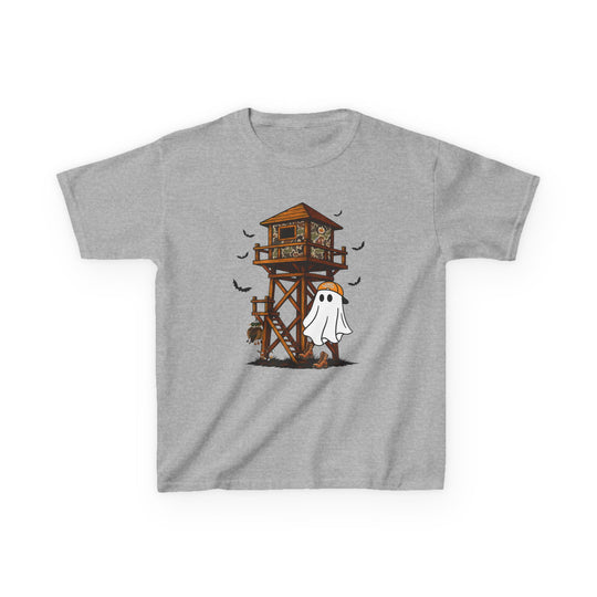 Ghost Hunter Kids Tee features a cartoon ghost in a hunting cap, camo tree stand, bats, pumpkins, and boots, blending Halloween and hunting themes.