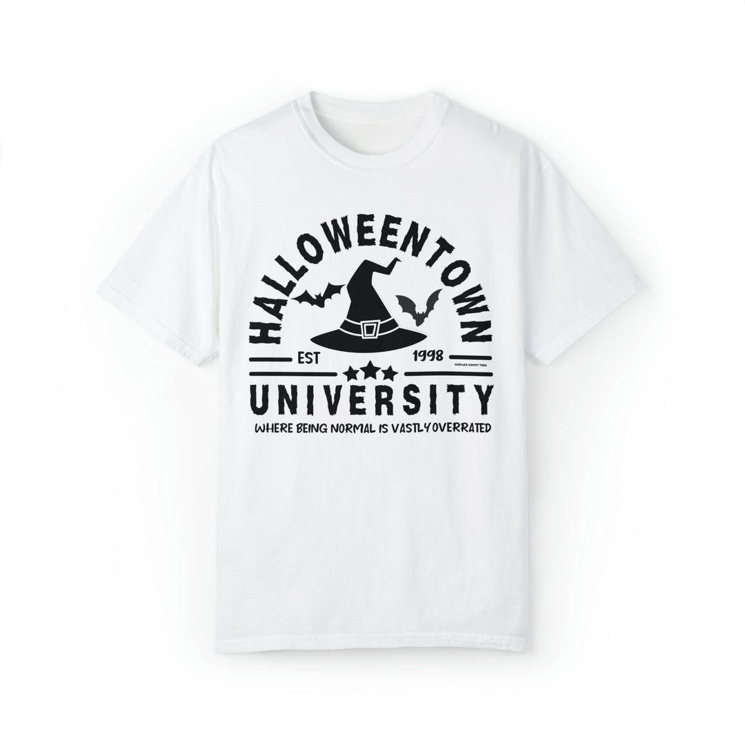 Unisex Halloweentown University Tee: White shirt with black text and bats, made of 80% ring-spun cotton and 20% polyester. Features relaxed fit, rolled-forward shoulder, and back neck patch.
