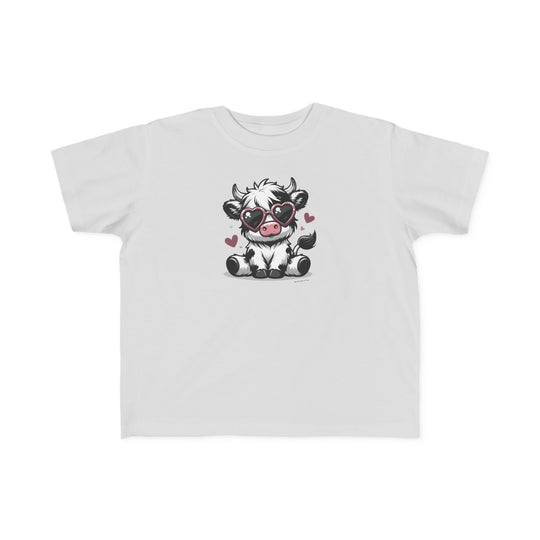 Cute Cow Toddler Tee: White t-shirt featuring a cartoon cow in sunglasses. Soft 100% combed ringspun cotton, tear-away label, classic fit. Perfect for sensitive skin, durable print. Sizes: 2T, 3T, 4T, 5-6T.