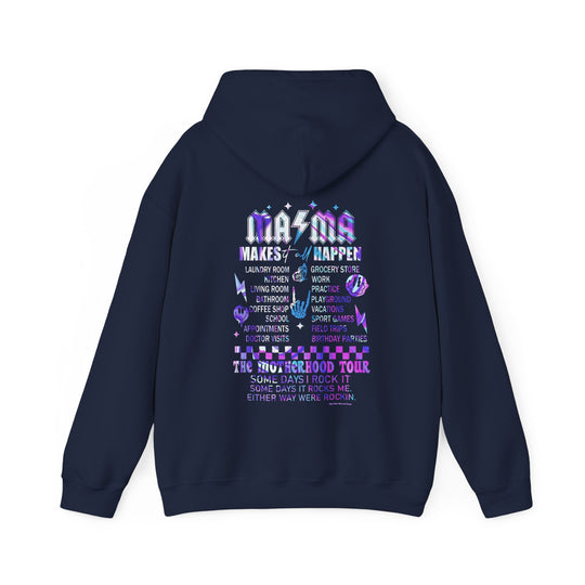 Unisex Ma/Ma Band Hoodie: Blue hoodie with white text, kangaroo pocket, and matching drawstring. Cotton-polyester blend, plush, warm, and stylish. Medium-heavy fabric, tear-away label. Perfect for cold days.
