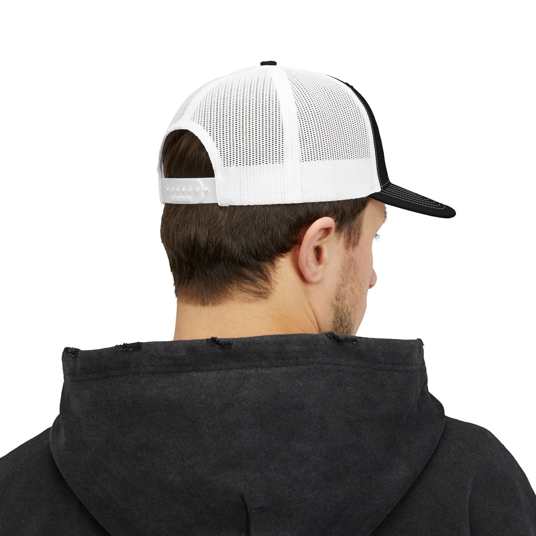 Girl Dad Snapback Trucker Cap (Embroidery) on a man's head, showcasing its structured fit, pre-curved visor, and mesh back for a casual, breathable style.