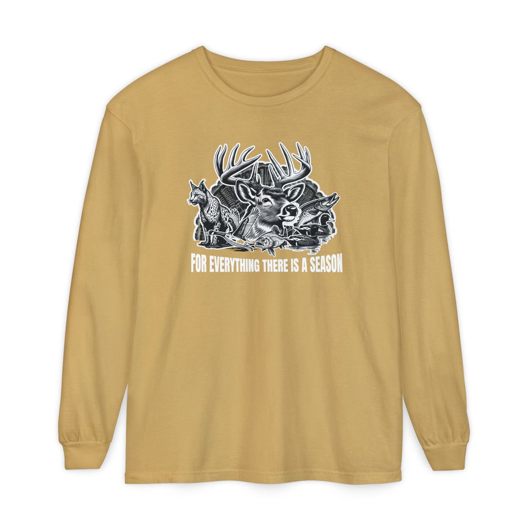 Mustard long-sleeve tee featuring a black-and-white outdoor graphic with a buck, fox, fish, and slogan: FOR EVERYTHING THERE IS A SEASON. Relaxed fit, 100% cotton.
