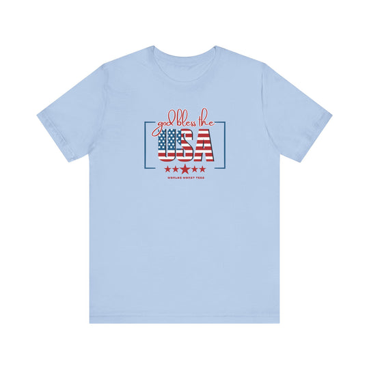 Unisex God Bless the USA Tee, featuring patriotic red and white text on a blue shirt. Airlume combed cotton, ribbed collars, and retail fit for comfort and style. Sizes XS to 3XL.