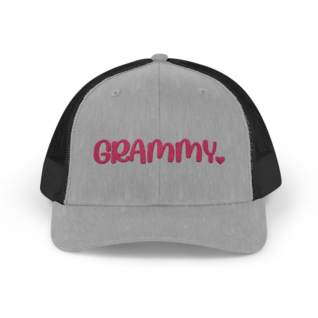 Grammy Snapback Trucker Cap with mid-profile fit, 6-panel design, pre-curved visor, cotton sweatband, and adjustable snap closure, blending comfort and casual style.