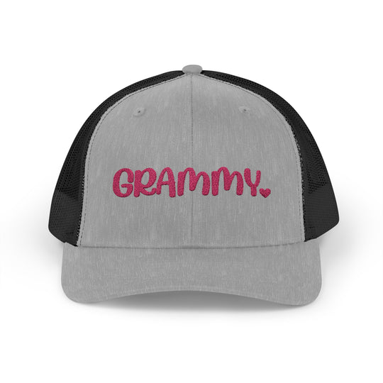 Grammy Snapback Trucker Cap with mid-profile fit, 6-panel design, pre-curved visor, cotton sweatband, and adjustable snap closure, blending comfort and casual style.