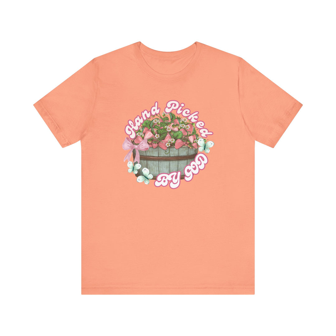 Unisex jersey short sleeve tee with Hand Picked by GOD graphic, featuring a crew neckline and ribbed knit collars for a classic, comfortable fit.