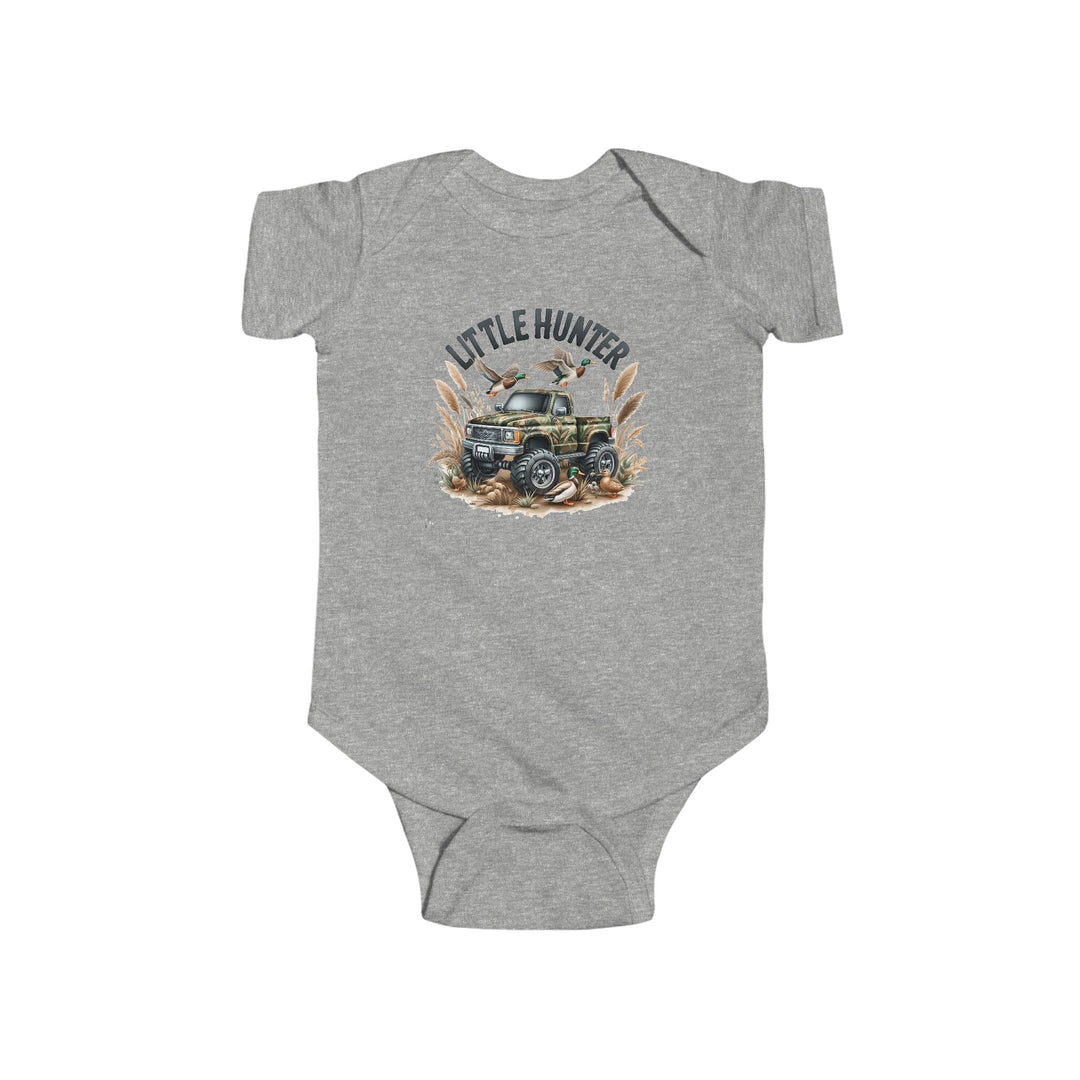 Little Hunter Onesie: Grey baby bodysuit featuring a truck design, ideal for infants. 100% cotton fabric, ribbed knitting for durability, and plastic snaps for easy changing. From Worlds Worst Tees.