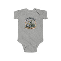 Little Hunter Onesie: Grey baby bodysuit featuring a truck design, ideal for infants. 100% cotton fabric, ribbed knitting for durability, and plastic snaps for easy changing. From Worlds Worst Tees.