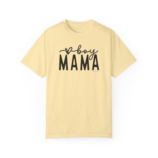A relaxed fit Boy Mama Tee in yellow with black text, made of 100% ring-spun cotton. Garment-dyed for coziness, featuring double-needle stitching for durability. Ideal for daily wear.
