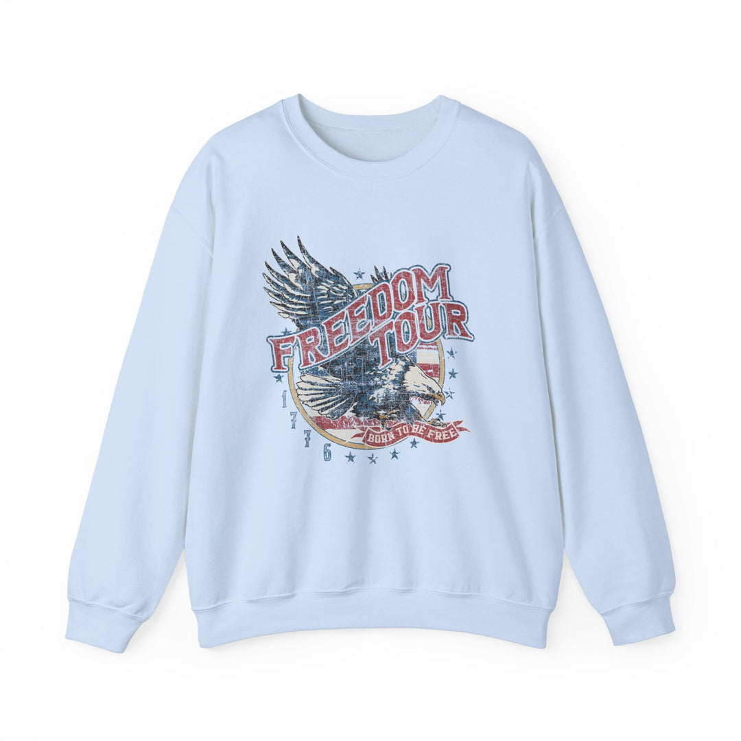 Unisex American Freedom Crew sweatshirt: A blue top with graphic design, ribbed knit collar, and no itchy side seams. Made of 50% Cotton 50% Polyester blend for comfort and durability. Sizes S-5XL.