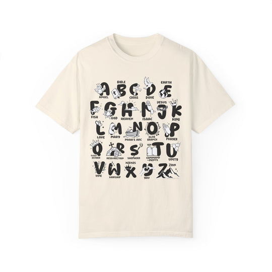 Bible Alphabet Tee: White t-shirt with black letters and logo, 100% ring-spun cotton, medium weight, relaxed fit, durable double-needle stitching, seamless design for comfort.