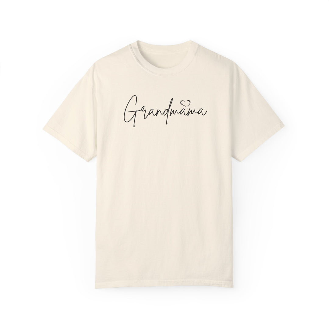 A Grandmama Tee, a white t-shirt with black text, 100% ring-spun cotton, medium weight, relaxed fit, double-needle stitching for durability, no side-seams for a tubular shape.