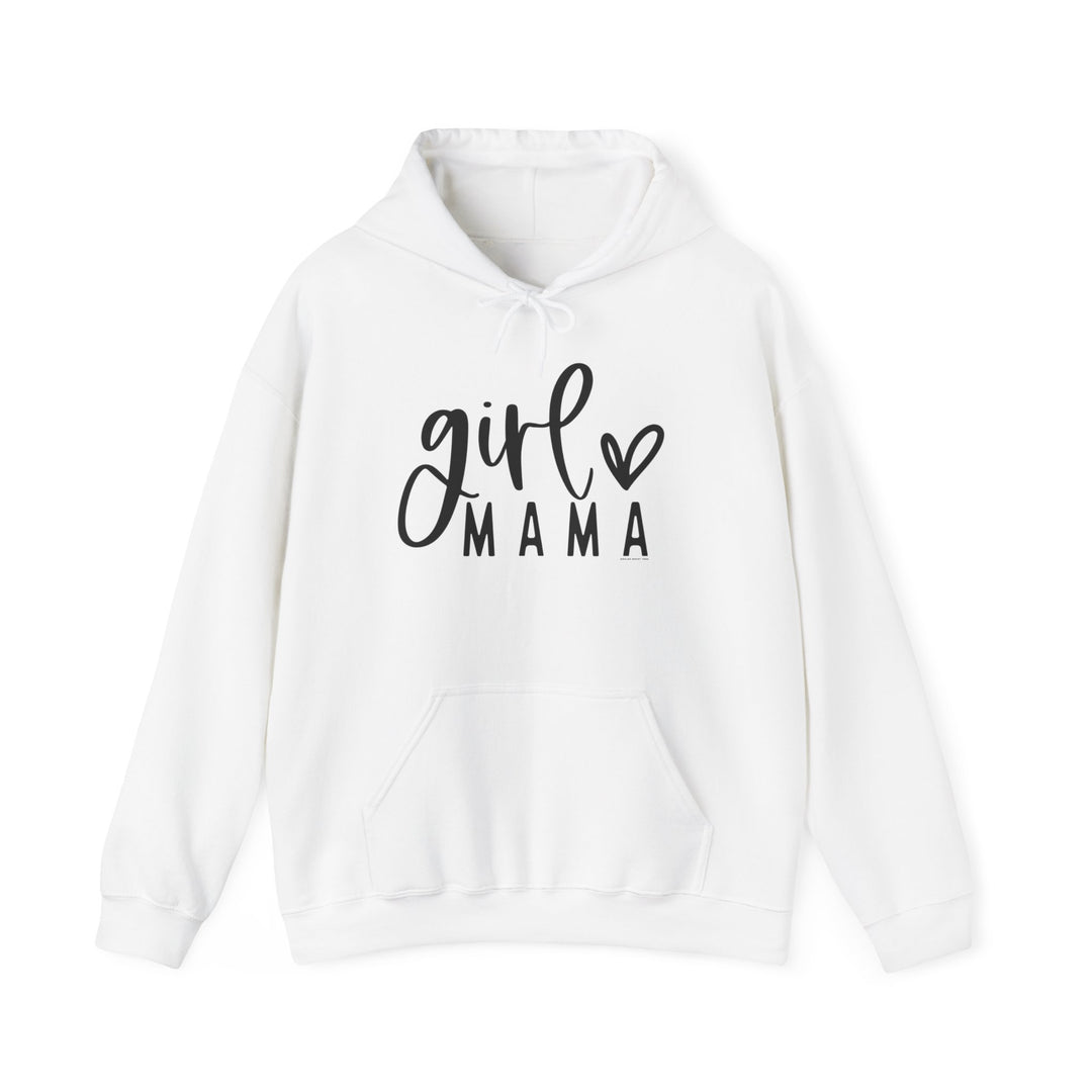 A white unisex heavy blend hooded sweatshirt featuring black text, a kangaroo pocket, and a matching drawstring. Plush, warm, and stylish, perfect for chilly days. Girl Mama Hoodie by Worlds Worst Tees.