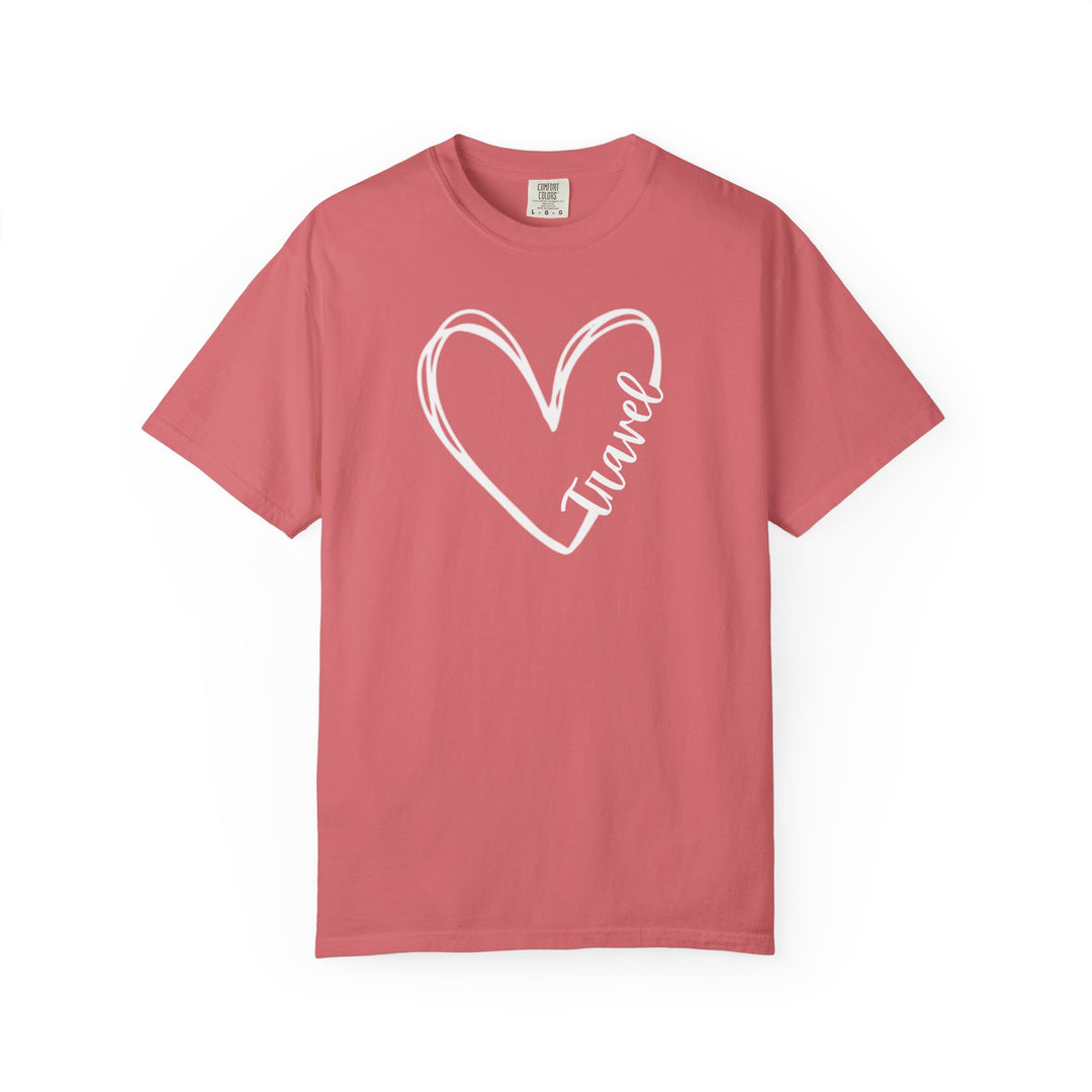 Muted coral Travel Tee with a white heart outline and travel script on the front, featuring a classic, relaxed fit made of soft ring-spun cotton.