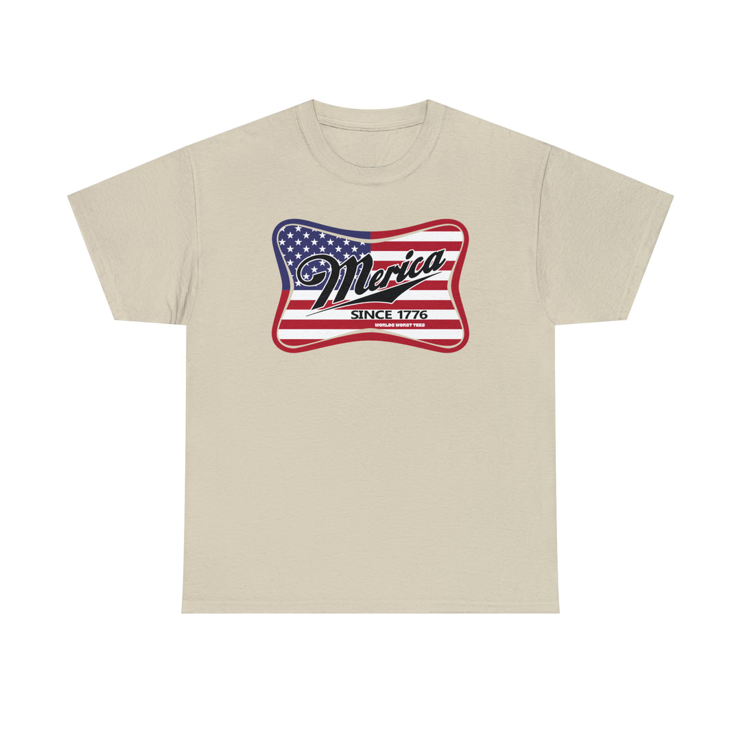 A staple Merica Tee from Worlds Worst Tees, featuring a flag and guitar design. Unisex, heavy cotton with no side seams for comfort. Classic fit, medium weight fabric. Sizes S to 5XL.
