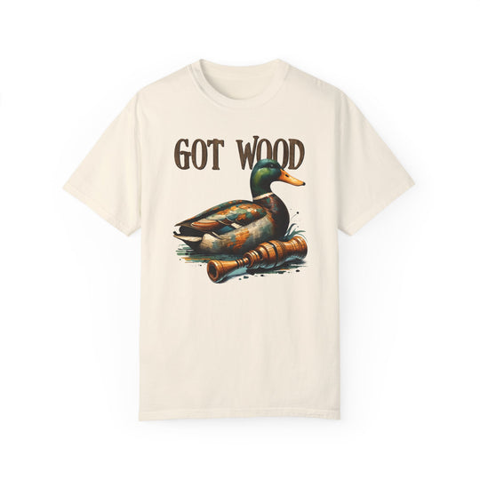 A white t-shirt featuring a duck design, part of the 'Got Wood Tee' collection at Worlds Worst Tees. Made of 100% ring-spun cotton, with a relaxed fit and durable double-needle stitching.