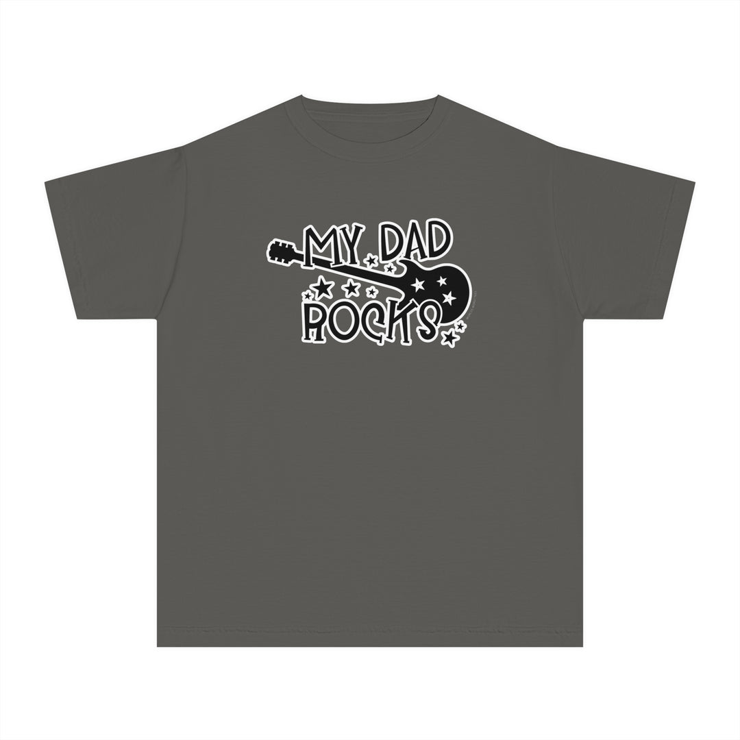 A grey kids tee with white text, featuring a guitar design. Made of 100% combed ringspun cotton for comfort and agility, ideal for active schedules. Classic fit, soft-washed, and garment-dyed for all-day wear.