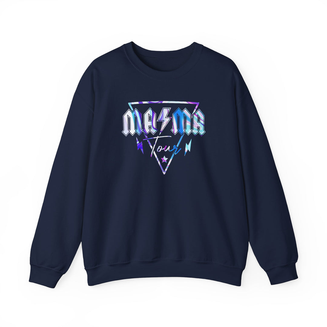 A unisex Ma/Ma Band Crew sweatshirt, featuring a logo with a triangle and stars. Made of 50% cotton and 50% polyester, ribbed knit collar, and no itchy side seams. Medium-heavy fabric, loose fit, true to size.